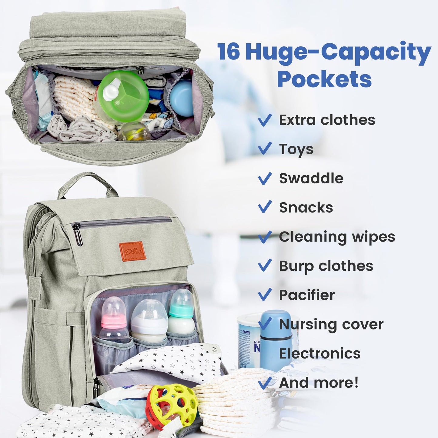 PILLANI Baby Diaper Bag Backpack - Baby Bag for Boys & Girls, Diaper Backpack Baby Registry Search, Newborn Essentials