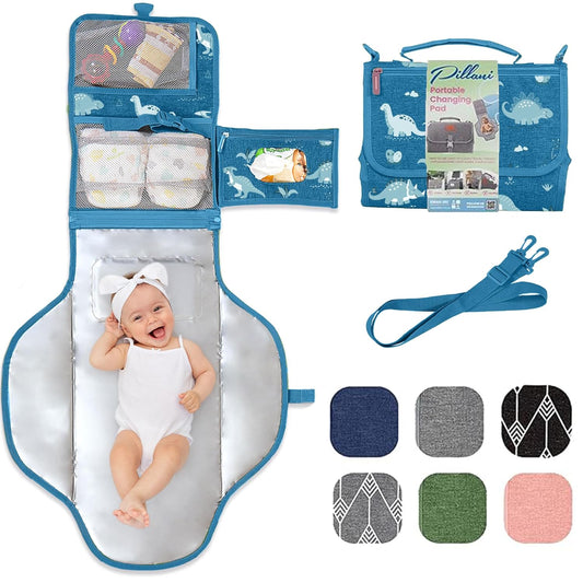 Portable Changing Pad for Baby, Travel Diaper Changing Pad for Newborn - Blue Dinosaur