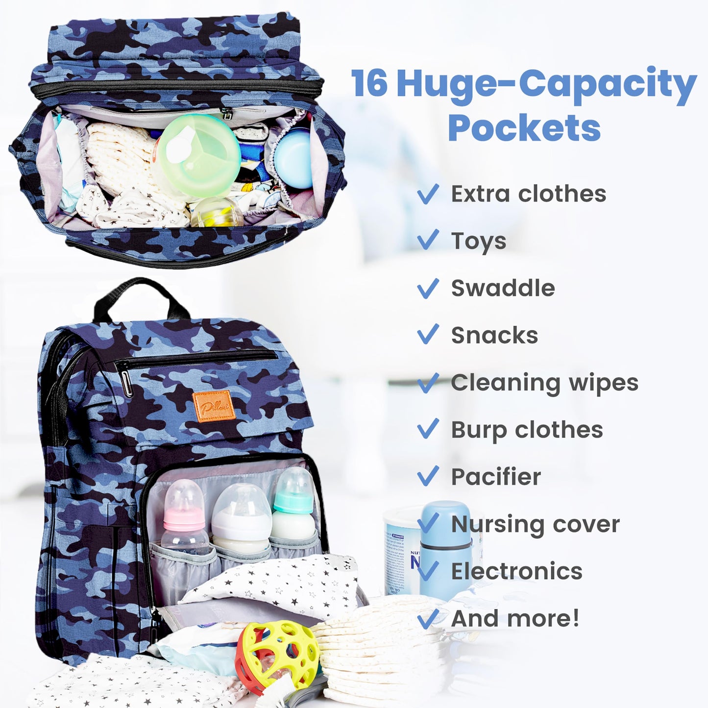PILLANI Baby Diaper Bag Backpack - Baby Bag for Boys & Girls, Diaper Backpack Baby Registry Search, Newborn Essentials