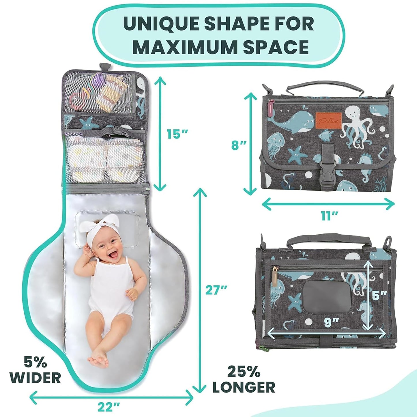 Portable Changing Pad for Baby, Travel Diaper Changing Pad for Newborn - Grey Ocean