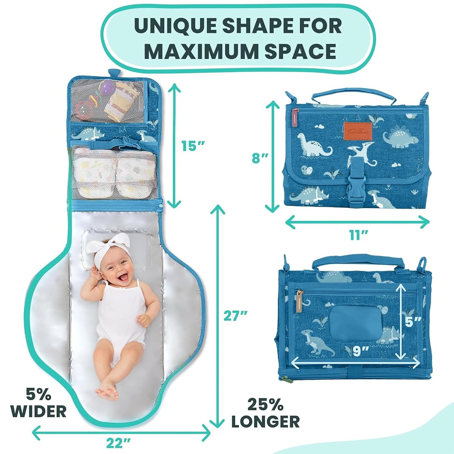 Portable Changing Pad for Baby, Travel Diaper Changing Pad for Newborn - Blue Dinosaur