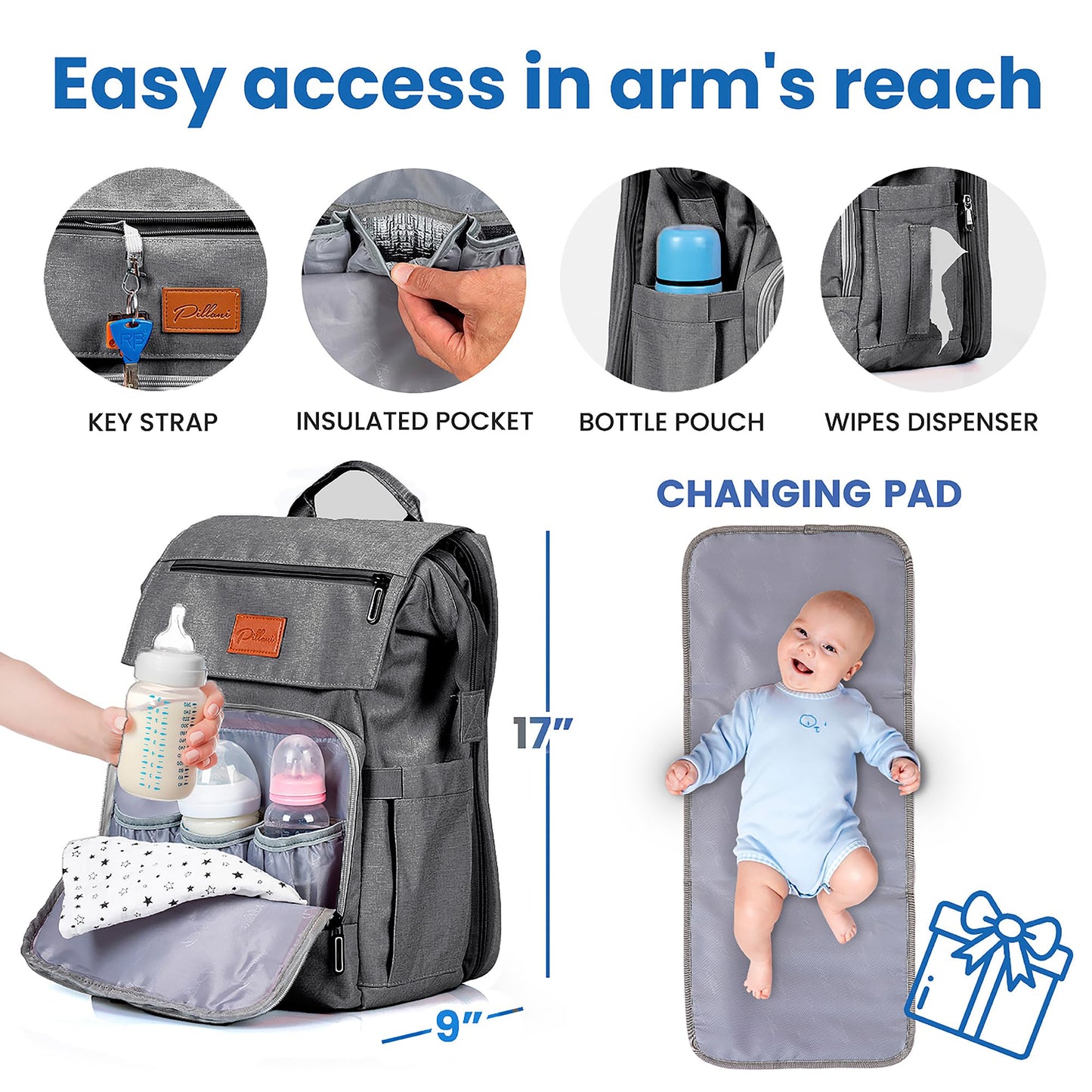 PILLANI Baby Diaper Bag Backpack - Baby Bag for Boys & Girls, Diaper Backpack Baby Registry Search, Newborn Essentials