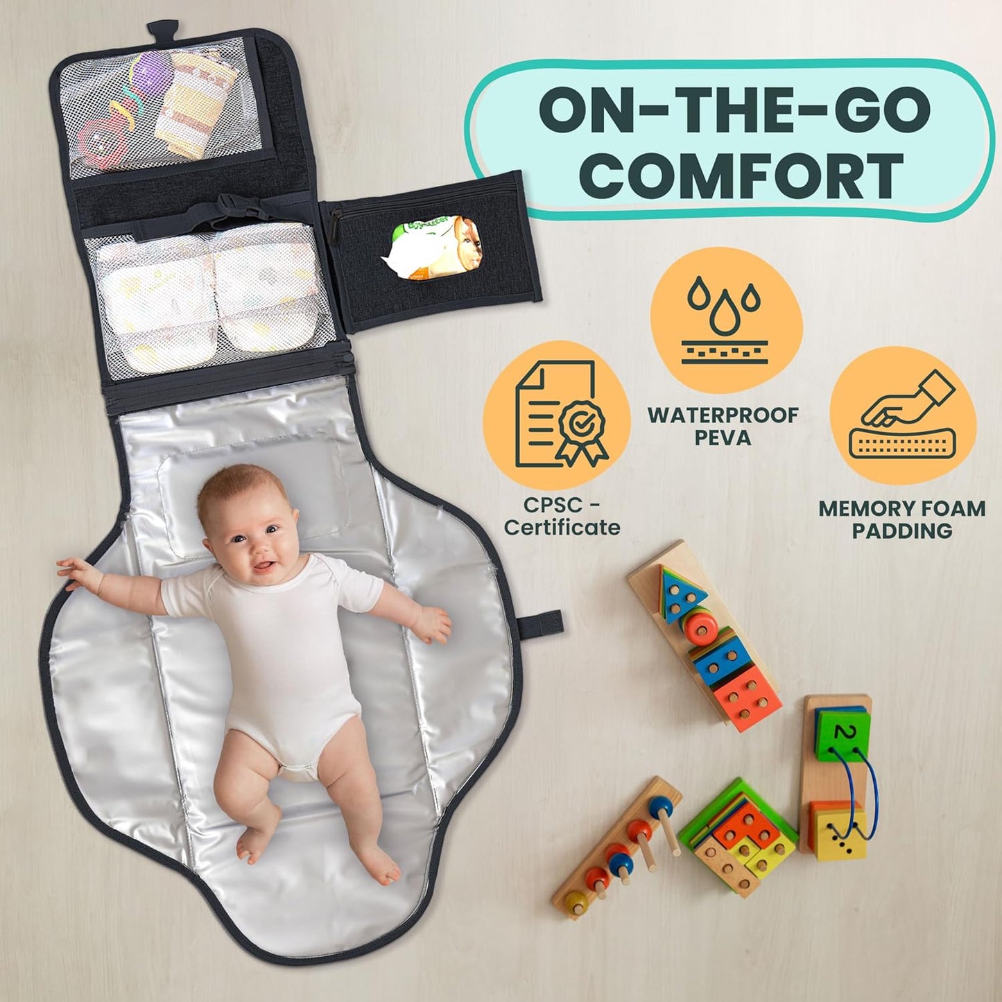 Portable Changing Pad for Baby, Travel Diaper Changing Pad for Newborn - Grey Ocean