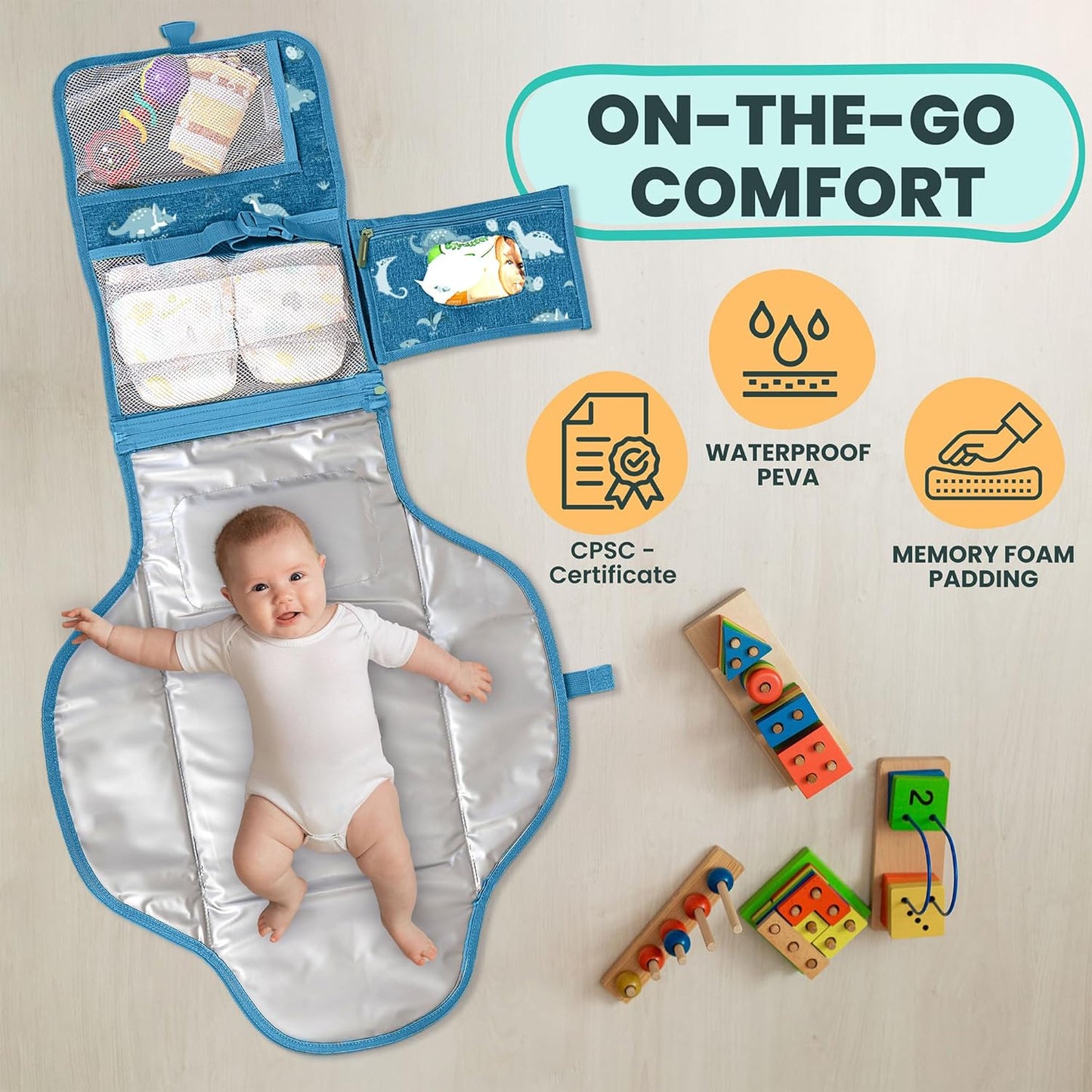 Portable Changing Pad for Baby, Travel Diaper Changing Pad for Newborn - Blue Dinosaur