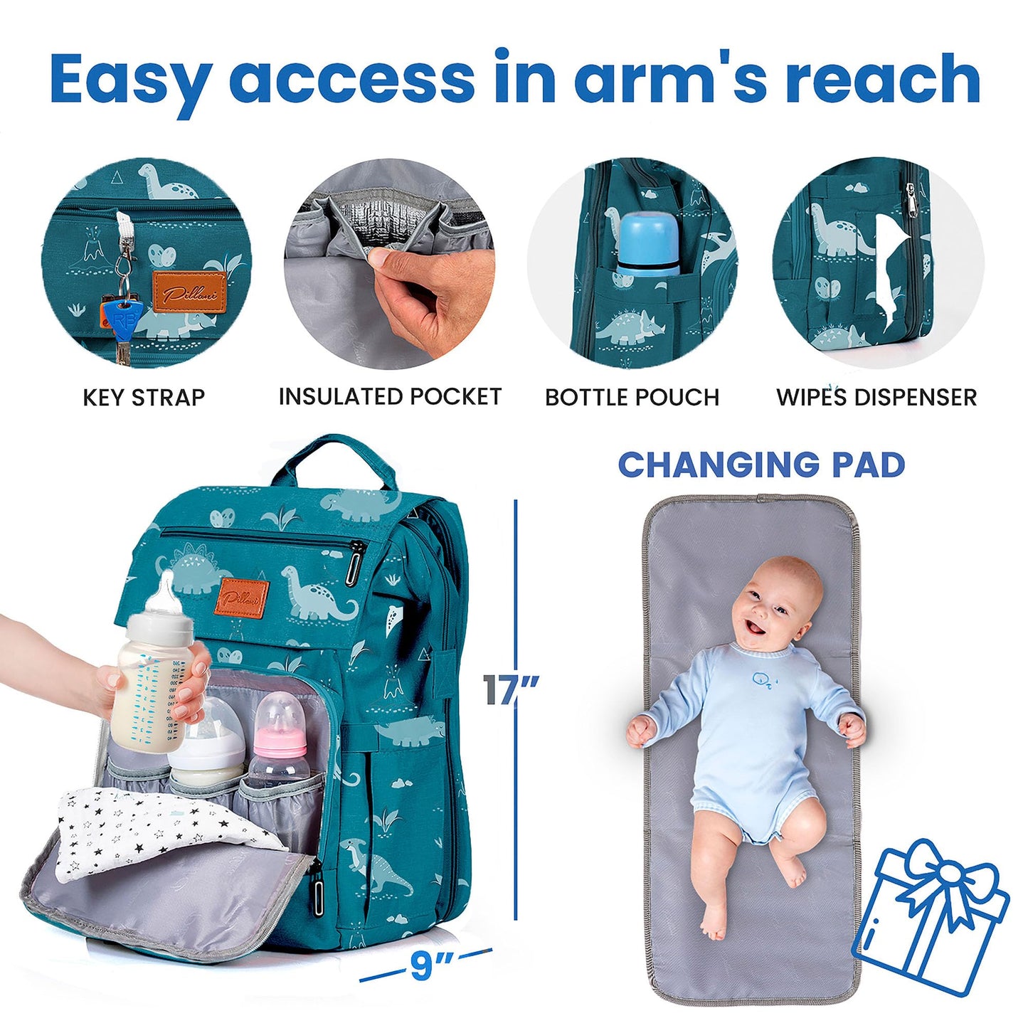 PILLANI Baby Diaper Bag Backpack - Baby Bag for Boys & Girls, Diaper Backpack Baby Registry Search, Newborn Essentials