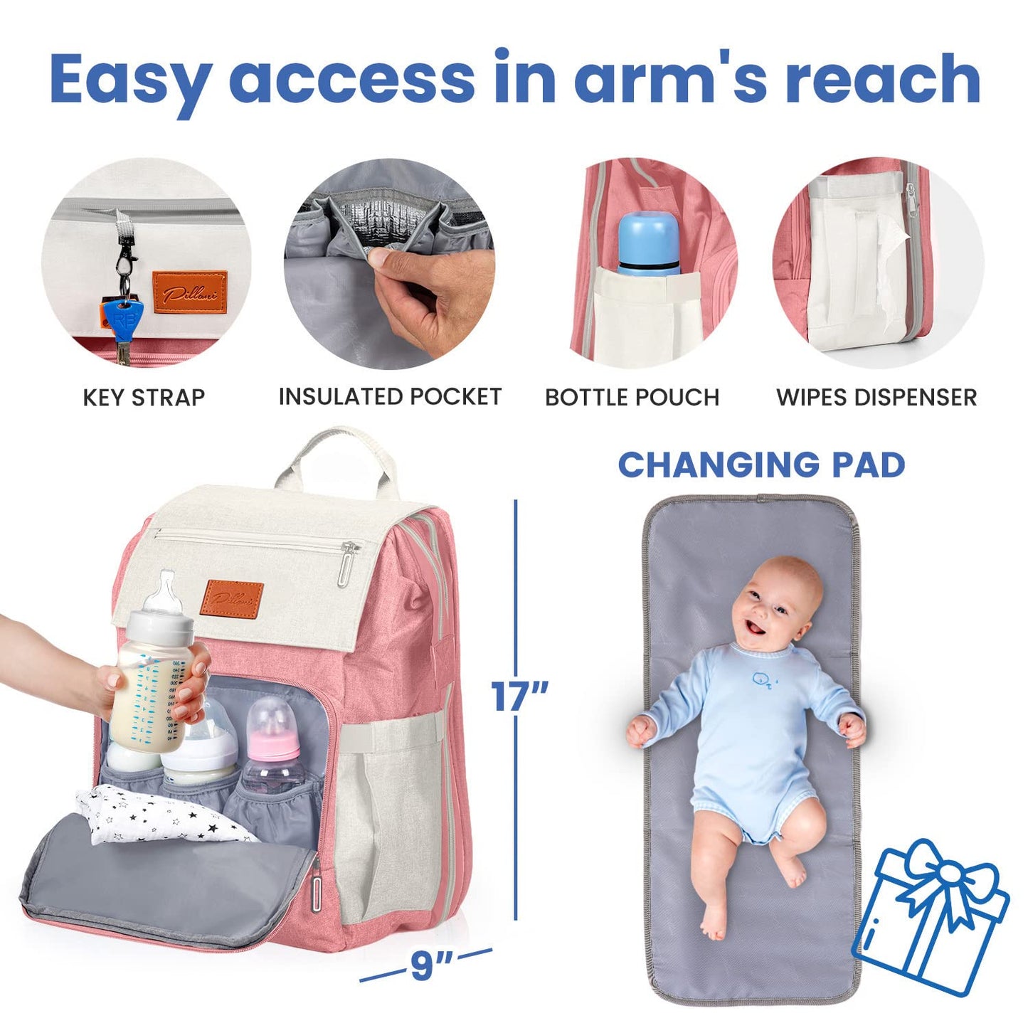 PILLANI Baby Diaper Bag Backpack - Baby Bag for Boys & Girls, Diaper Backpack Baby Registry Search, Newborn Essentials