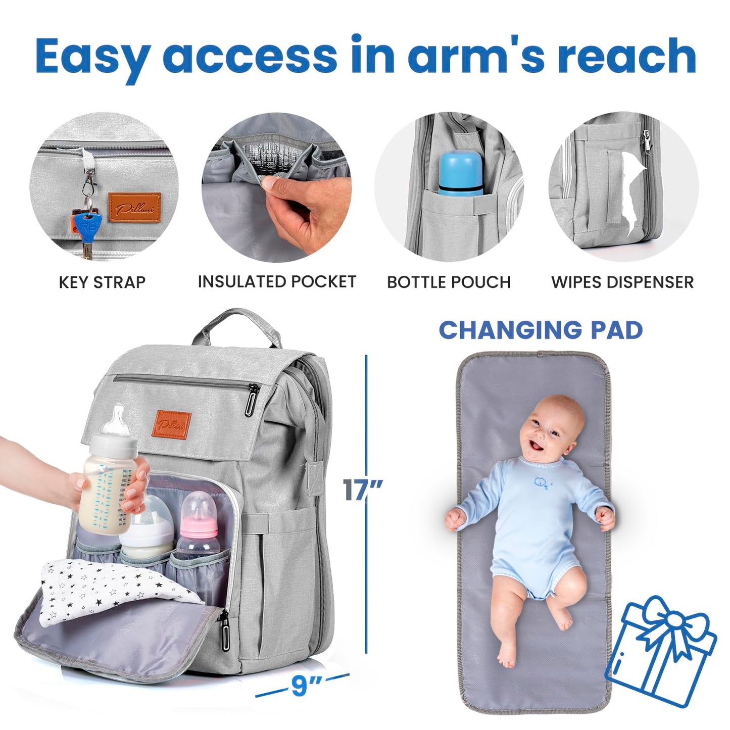 PILLANI Baby Diaper Bag Backpack - Baby Bag for Boys & Girls, Diaper Backpack Baby Registry Search, Newborn Essentials