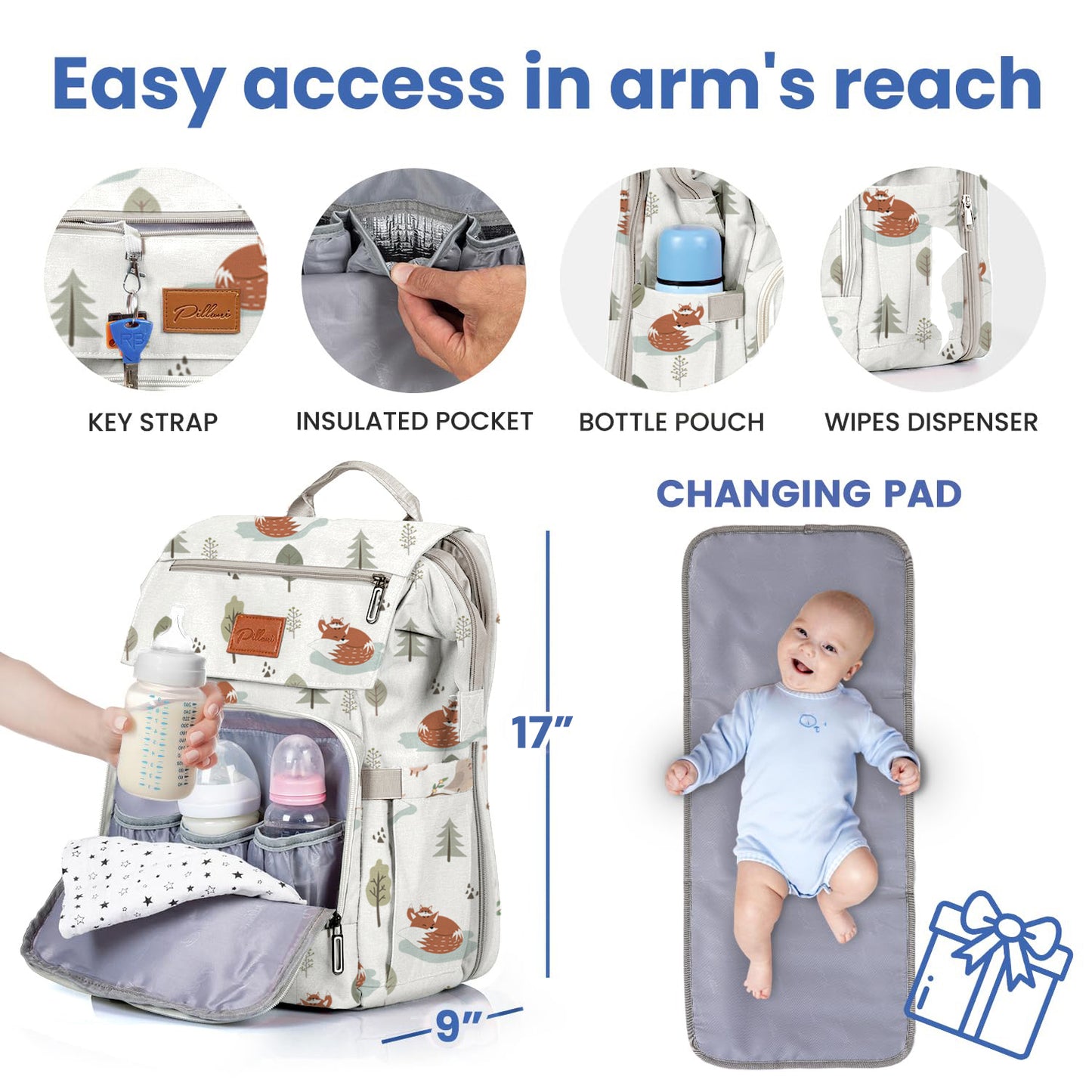 PILLANI Baby Diaper Bag Backpack - Baby Bag for Boys & Girls, Diaper Backpack Baby Registry Search, Newborn Essentials