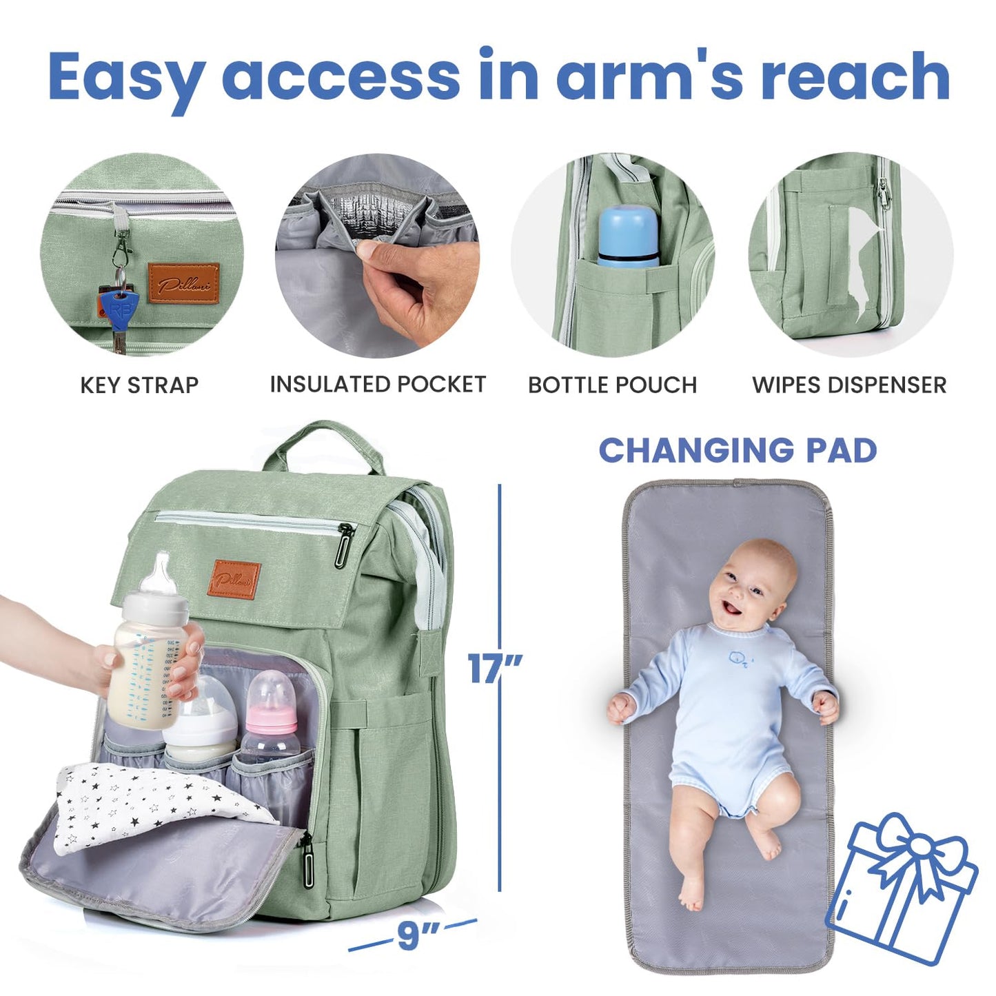 PILLANI Baby Diaper Bag Backpack - Baby Bag for Boys & Girls, Diaper Backpack Baby Registry Search, Newborn Essentials