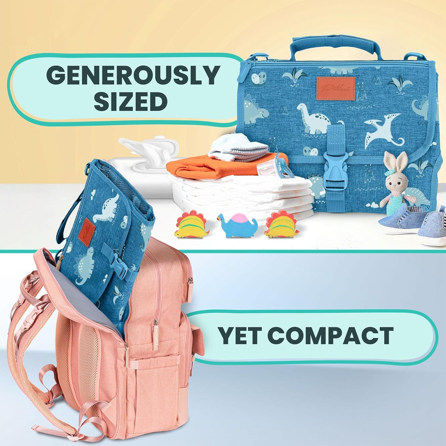 Portable Changing Pad for Baby, Travel Diaper Changing Pad for Newborn - Blue Dinosaur