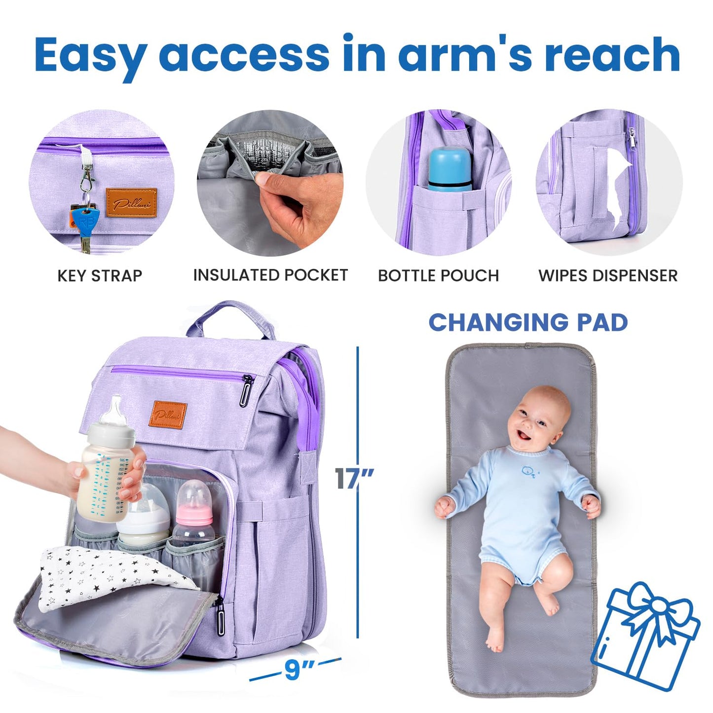 PILLANI Baby Diaper Bag Backpack - Baby Bag for Boys & Girls, Diaper Backpack Baby Registry Search, Newborn Essentials