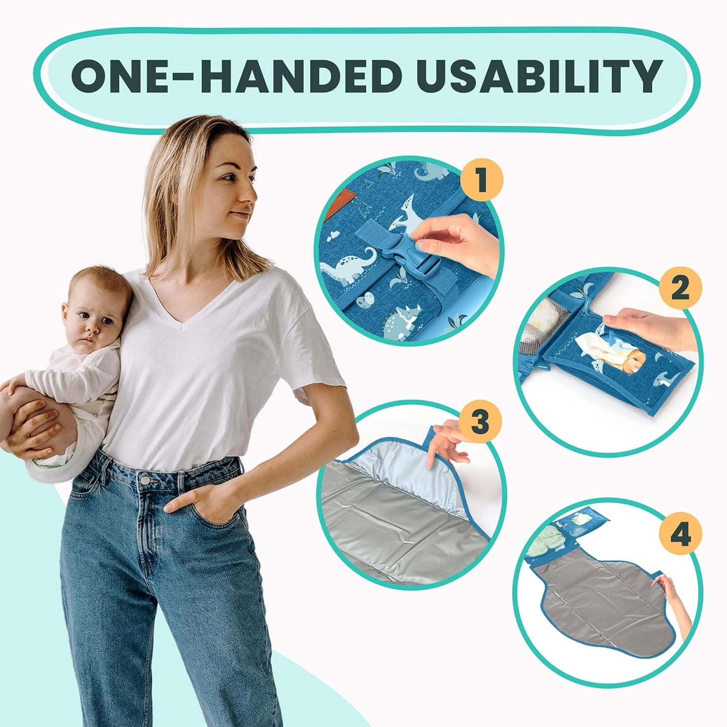 Portable Changing Pad for Baby, Travel Diaper Changing Pad for Newborn - Blue Dinosaur