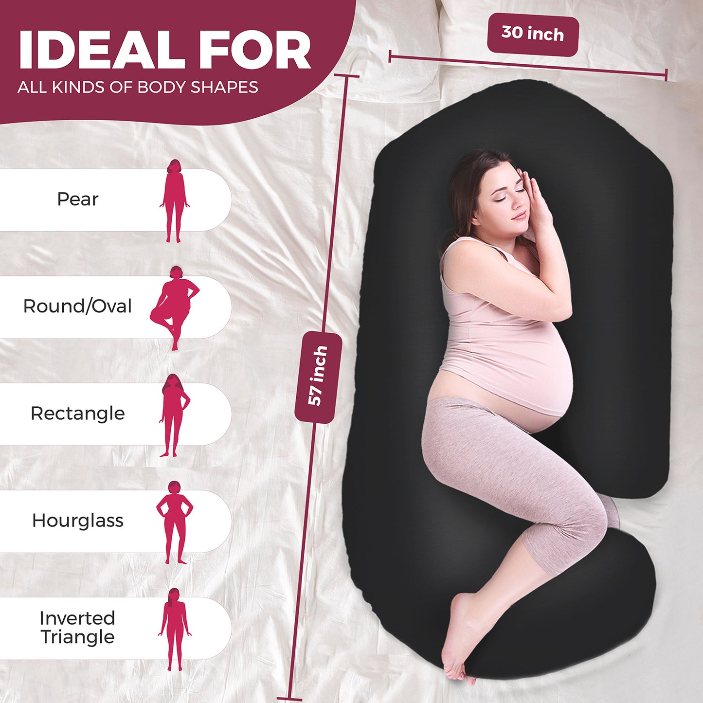 PILLANI Pregnancy Pillows for Sleeping - V C U Shaped Full Body Pillows - Cooling Black