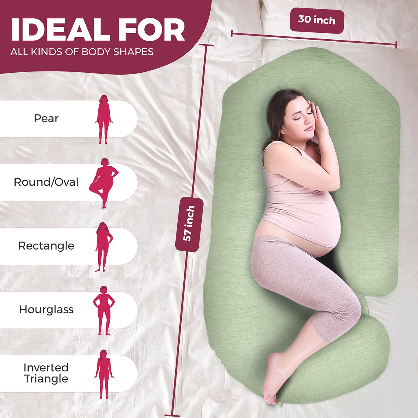 PILLANI Pregnancy Pillows for Sleeping - V C U Shaped Full Body Pillows - Cooling Green