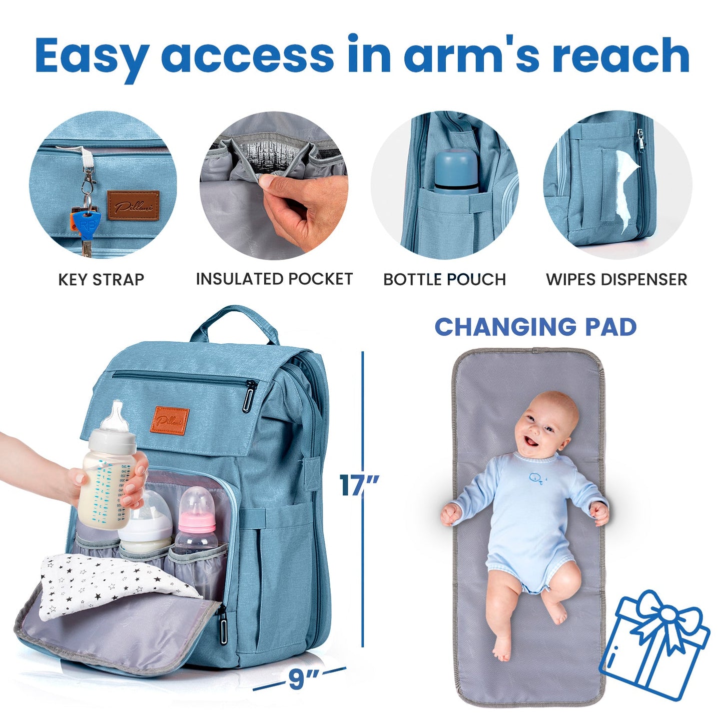 Pillani Baby Diaper Bag Backpack - Light Blue