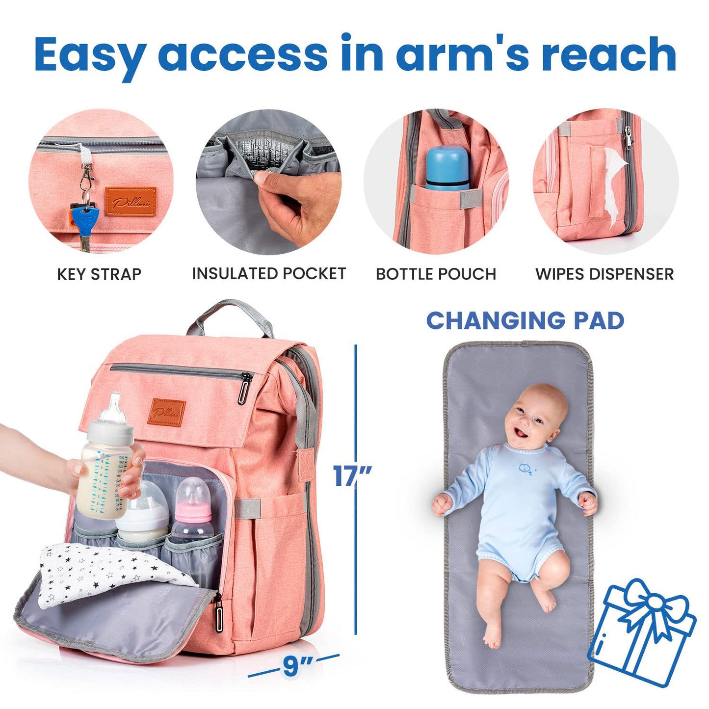 PILLANI Baby Diaper Bag Backpack - Baby Bag for Boys & Girls, Diaper Backpack Baby Registry Search, Newborn Essentials