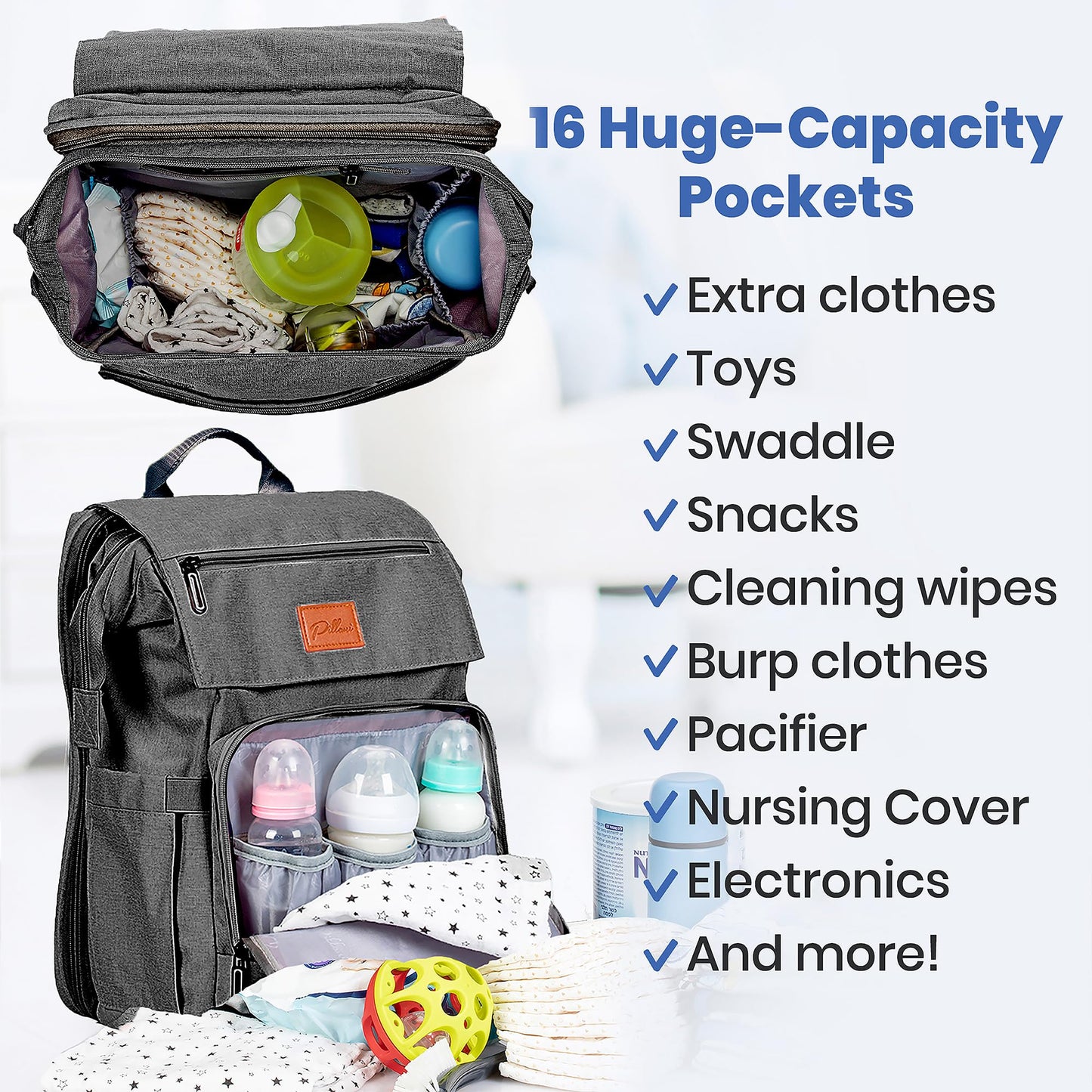 PILLANI Baby Diaper Bag Backpack - Baby Bag for Boys & Girls, Diaper Backpack Baby Registry Search, Newborn Essentials