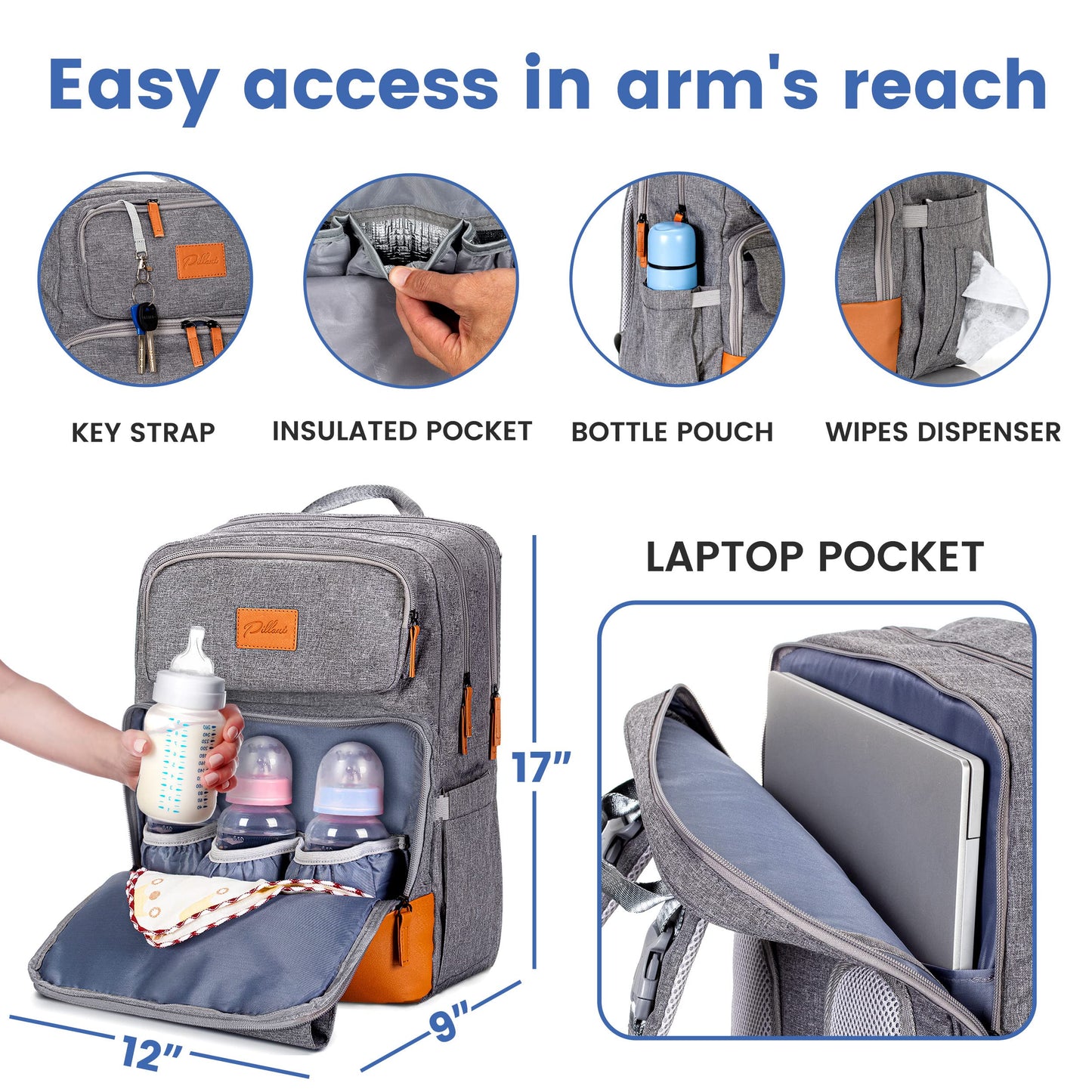 PILLANI Baby Diaper Bag Backpack - Baby Bag for Boys & Girls, Diaper Backpack Baby Registry Search, Newborn Essentials