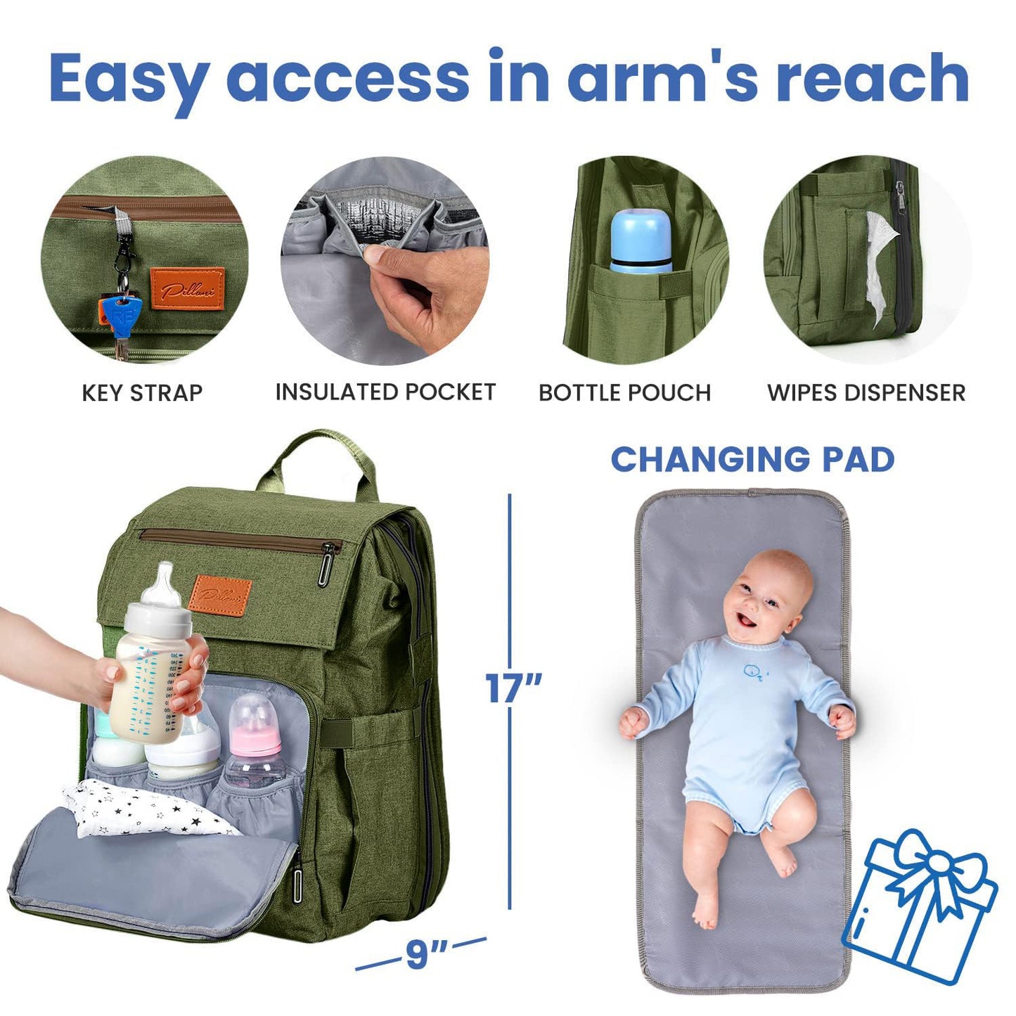 PILLANI Baby Diaper Bag Backpack - Baby Bag for Boys & Girls, Diaper Backpack Baby Registry Search, Newborn Essentials