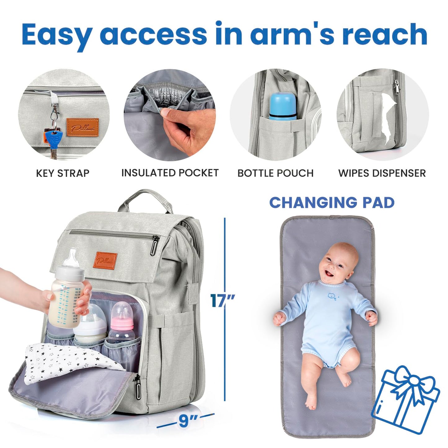 PILLANI Baby Diaper Bag Backpack - Baby Bag for Boys & Girls, Diaper Backpack Baby Registry Search, Newborn Essentials