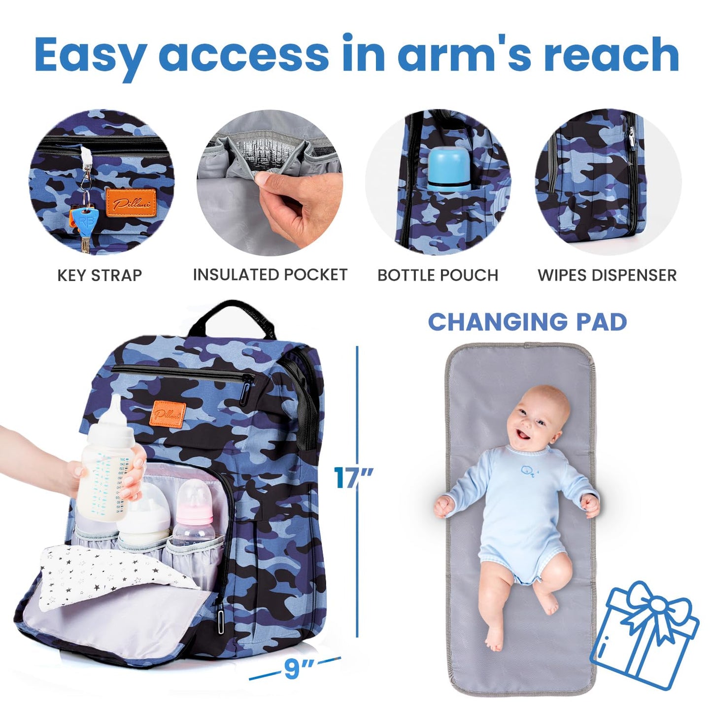 PILLANI Baby Diaper Bag Backpack - Baby Bag for Boys & Girls, Diaper Backpack Baby Registry Search, Newborn Essentials